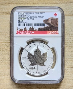 2016 WWI. Mark V Tank Privy Canada $5 Maple Leaf PF69 Reverse proof FDOI - Picture 1 of 3