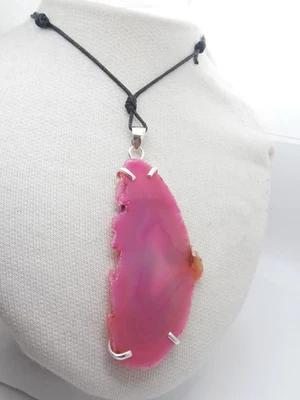 Ciondolo in Argento 925 con Agata Rosa e girocollo - Pietra Dura Fucsia - Fuxia - Immagine 1 di 4