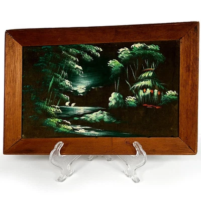 VTG Velvet Tiki Painting Moonlit Tropical Water Illuminated Hut Landscape Framed - Image 1 of 4