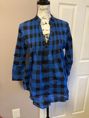 Top Miley Cyrus Max Azria Azul/Negro A Cuadros Abotonados Mangas 3/4 Talla XL EN MUY BUEN ESTADO Foto 1 de 4