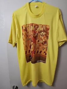 Adidas Bayer Mench Franz Beckenbauer Soccer Tshirt Yellow Spruce 70s Large Vtg - Picture 1 of 9