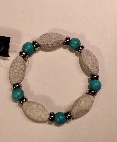 NWT Turquoise Blue White Beaded Elastic Bracelet w/Silver Accents Boho Westerns - Image 1 of 1