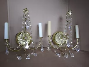 Vintage Brass Wall Sconce Crystals Prism Pair Chandelier Style - Picture 1 of 14