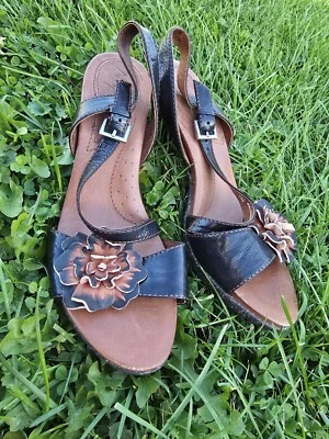 NAYA AIRENA BLACK LEATHER BAMBOO 3.5"HEEL SANDALS WOMEN SIZE US 9M  - Image 1 of 4