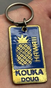 Vintage Hawaii Kouka Keychain “Doug” Name Pineapple Key Chain 2” Gold Blue Color - Picture 1 of 2