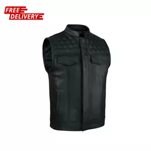Men's Honeycomb Stitch Black Leather Biker Vest Premium Cow Natural Waistcoat - Picture 1 of 5