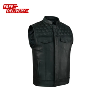 Men's Honeycomb Stitch Black Leather Biker Vest Premium Cow Natural Waistcoat - Image 1 of 4