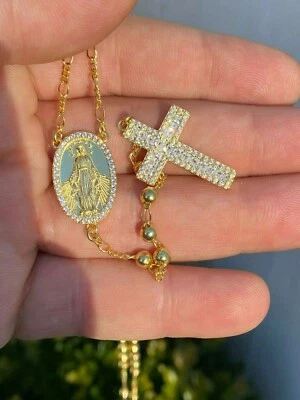 Rosary Beads Necklace 14k Gold Plated Real Solid 925 Silver Rosario Men's Ladies - Image 1 of 4