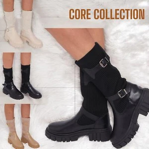 Halbhohe Damen-Stiefelsocken Damen Stretch-Wadenhohe klobige Sohle Stiefel - Bild 1 von 13