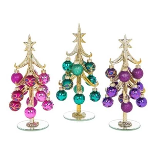 Gold Glass Christmas Trees with Peacock Decorated Baubles Set of 3 Medium Size - Picture 1 of 1