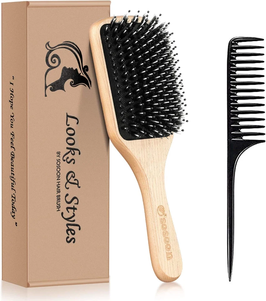 Hair Brush Sosoon Boar Bristle Paddle Hairbrush for Long Thick Curly Wavy Dry &