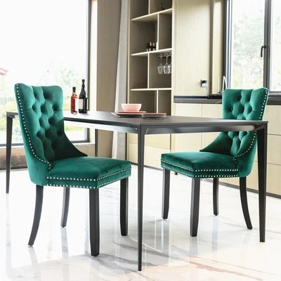 Set of 2 Modern Dining Chairs Velvet Tufted Upholstered Chair with Wooden Legs - Image 1 of 4