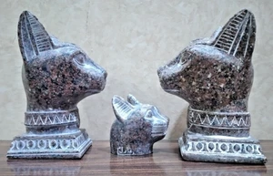 Bundle Of 3 Goddess Bastet Cat Head EGYPTIAN ANTIQUE Statue Heavy Granite - Picture 1 of 20