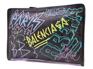BALENCIAGA Graffiti Print Clutch Handbag Purse Leather Black Rare Authentic - Picture 1 of 22