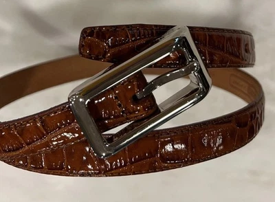 Fossil Brown Leather Belt Womens M Croc Texture Silver Buckle Medium Alligator — 第 1/4 张图片