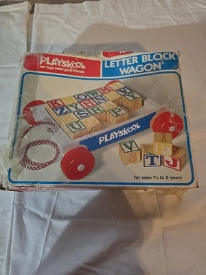 Carro de madera Playskool 1976 bloque de letras juguete de colección caja original hecho en EE. UU. Foto 1 de 4