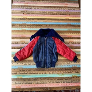Vintage 1970s Toddler Jacket Size 2T 3T Small Bomber Zip Stripe Fur Hood Retro - Picture 1 of 17