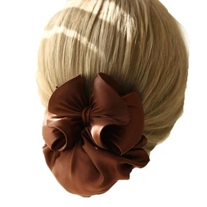 Women Hair Bun Cover Net Snood Hairnet Bowknot Decor Barrette Clip Brown - Picture 1 of 8