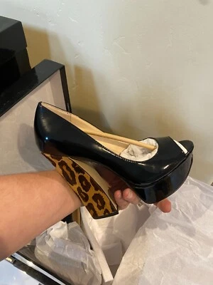 Boutique 9 Alesandra Peep Toe Black Natural Multi Pump Platform Leopard Leather - Image 1 of 4