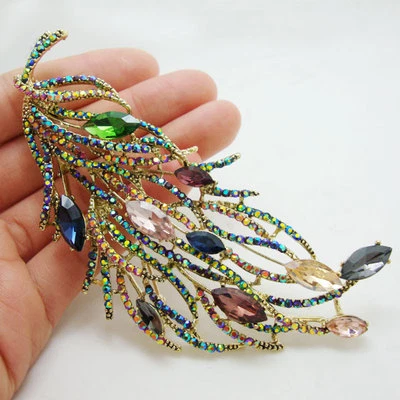 Luxurious Long Feather Brooch Pin Multi-color Rhinestone Crystal Woman Jewelry - Image 1 of 3
