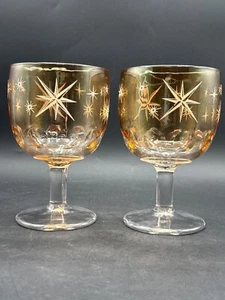 Set of 2 Vintage Atomic Bartlett Collins Starburst Drinking Goblets Gold Stars - Picture 1 of 4