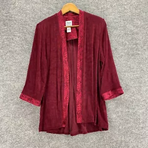 R&M Richards Jacket Women 14 Red Geometric Open Front 3/4 Sleeve Casual Comfort - Picture 1 of 8