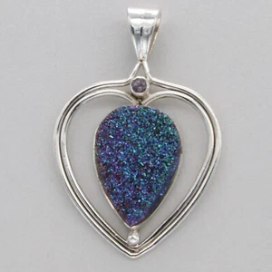 Cobalt DRUZY DRUSY Druse QUARTZ Heart Pendant - 925 STERLING SILVER #3e - Picture 1 of 10