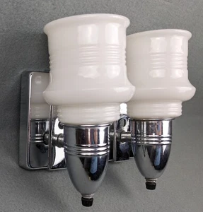 Restored 1930's Chrome & Opal Glass Bathroom Sconces, Art Deco & MCM, Rewired - Picture 1 of 11