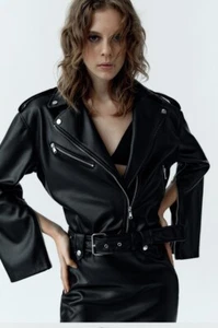 ZARA BLACK FAUX LEATHER DRESS WITH ZIPS BIKER JACKET DRESS S M L
