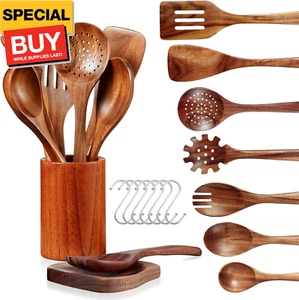 Wooden Spoons for Cooking - 10 Piece Natural Teak Wood Kitchen Utensil Set, Wood - Picture 1 of 7