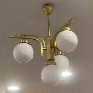 Antique Vintage Art Deco Old Fixture Ceiling Brass Hanging Chandelier Light Milk - Picture 1 of 8