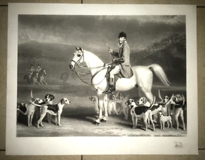 Escena de caza hombre a caballo con paquete, firmada c.1890 original litografía grande - Imagen 1 de 8