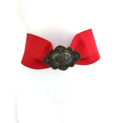 VTG Belt M Waist Cinch Wide Red Elastic Stretch Heavy Metal Buckle Punk Goth - Image 1 of 4