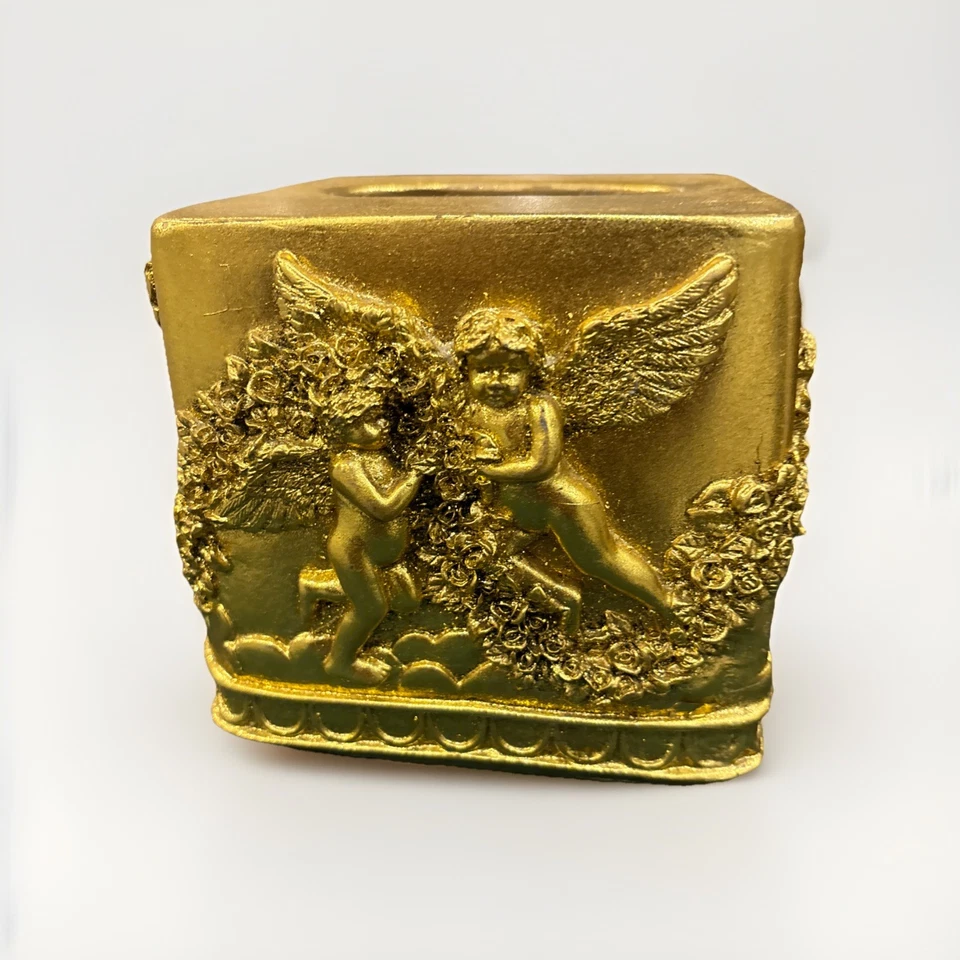 Caja de pañuelos de querubín metálico dorado vintage se adapta a caja cuadrada decorativa usada Foto 1 de 4