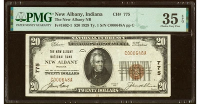 1929 New Albany, IN $20 Type 1 The New Albany National Bank Ch. # 775 PMG 35 EPQ - Image 1 of 2