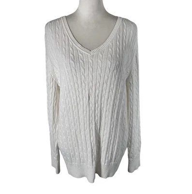 Suéter Karen Scott Mujer Talla Grande Blanco Crema 100% Algodón Cuello en V Manga Larga Foto 1 de 4