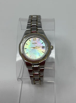 Seiko Solar Women's Two-Tone Watch V187-0AHO MOP White Dial Date Round - Image 1 of 4