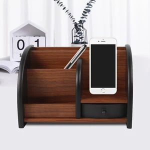 Schreibtischorganisator Büro Holz Schreibtisch Organizer Stifthalter + Schublade - Bild 1 von 6