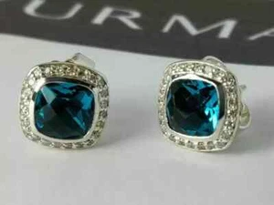 4Ct Cushion Lab Created London Blue Topaz Stud Earrings 14K White Gold Plated - Picture 1 of 6