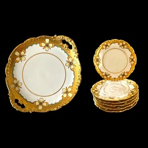 Plato antiguo LS & S Limoges con mango y 6 platos pintados a mano florales y dorados pesados - Imagen 1 de 17