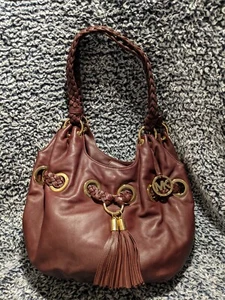 Michael Kors Large Braided handle grommet handbag burgundy faux leather - Picture 1 of 24