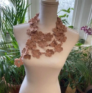 Hand crochet cotton cord flowers powder necklace- garland/Gift for friend shawl - Picture 1 of 5