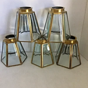 6 Vintage sechseckige 6-seitig abgeschrägte Klarglas Messing Anhänger Schirme 2 1/8" Monteur - Bild 1 von 7