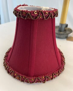 Burgundy Silk Print Clip On Lamp Shade with Plastic Bead Trim 5" Tall - Picture 1 of 8