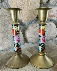 Solid Brass Vintage Enamel Cloisonne Porcelain Candlesticks 2 Lot #1D - Picture 1 of 10