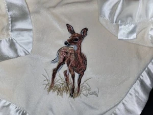 Pickles Embroidered DEER Fawn Cream Solid Lovey Blanket Soft Satin Trim 30x39" - Picture 1 of 21