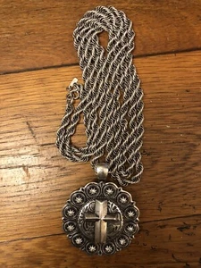 Monet Silver Rope Necklace/Chain 54” Decorative Antique Look Cross Pendant - Picture 1 of 3