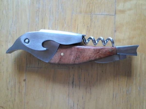 Vogel Korkenzieher Flaschenöffner mit Folienmesser, Kellner, rostfrei, Holzgriff, gebraucht - Bild 1 von 7