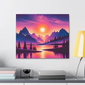  Sunset Landscape with Mountains and Lake Wall Art Print Framed Canvas - Picture 1 of 17