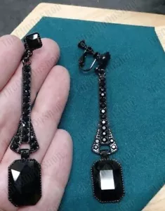CLIP ON Vintage Art Deco Style 8cm Long Drop Earrings Crystal Jet Black Enamel - Picture 1 of 15